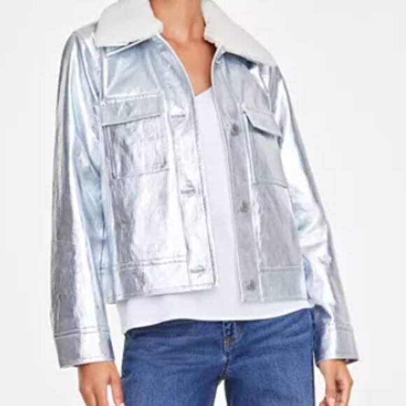 NWT On 34th Mcys Womens Faux Leather Sherpa Collar Jacket Silver Metallic Sz Sm - Picture 1 of 6